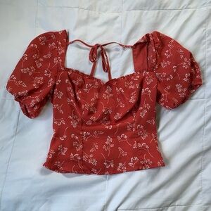 Women's Red Floral Puff-Sleeve Top